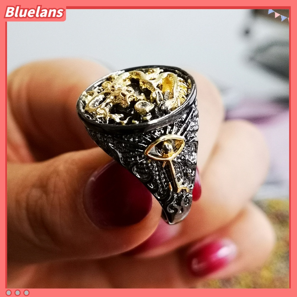 [BLS] Pria Cincin Berlapis Emas Two-tone Vintage Geometris Electroplating Dekorasi Hadiah Naga Cina Laki-Laki Jari Cincin Aksesoris Perhiasan Untuk Hadiah