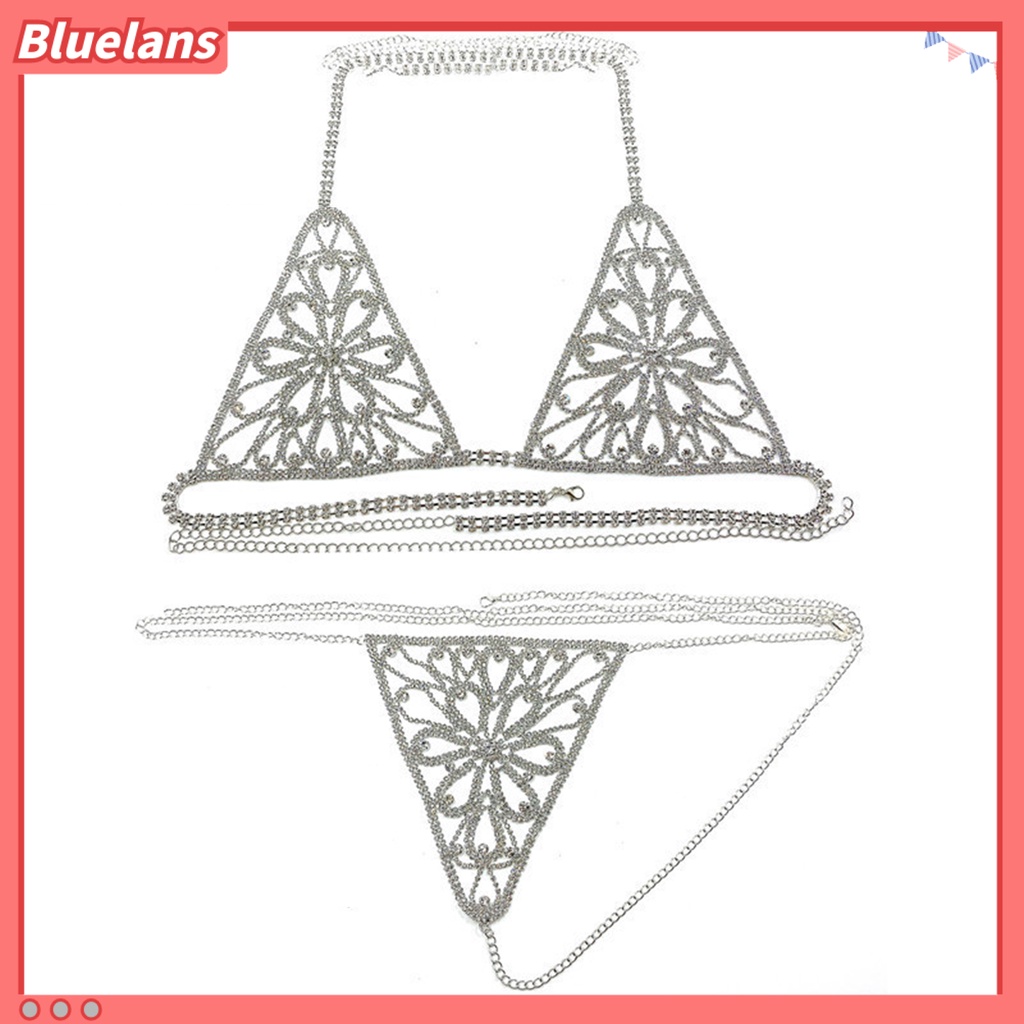 [BLS] 1set Wanita Tubuh Rantai Jas Berlian Imitasi Mengkilap Seksi Pola Bunga Perhiasan Rantai Pakaian Bikini Bra Thong Cover Up Clubwear