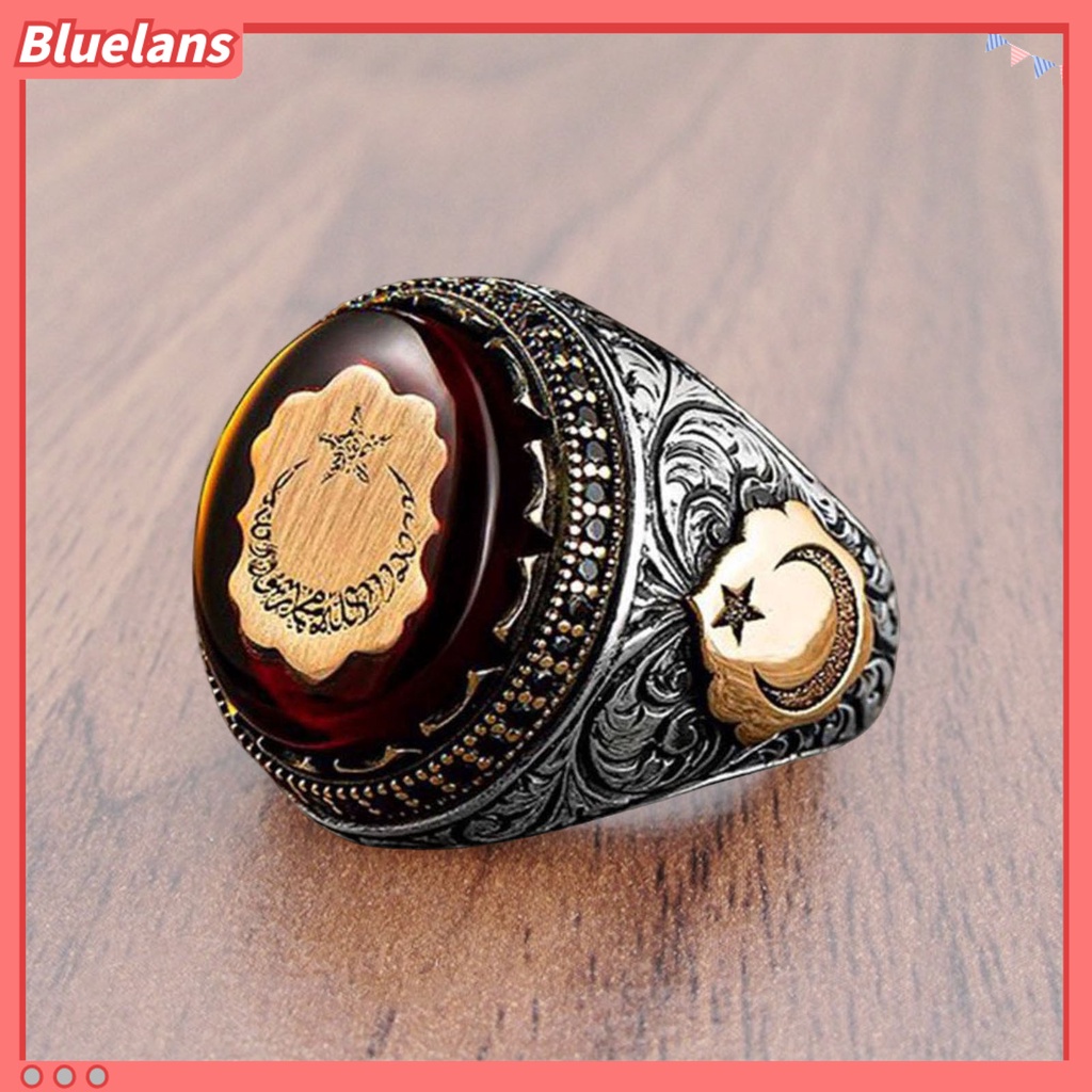 [BLS] Pria Cincin Kepribadian Pola Ukiran Tangan Buatan Tangan Berkilau Vintage Batu Merah Turki Signet Cincin Perhiasan Aksesori