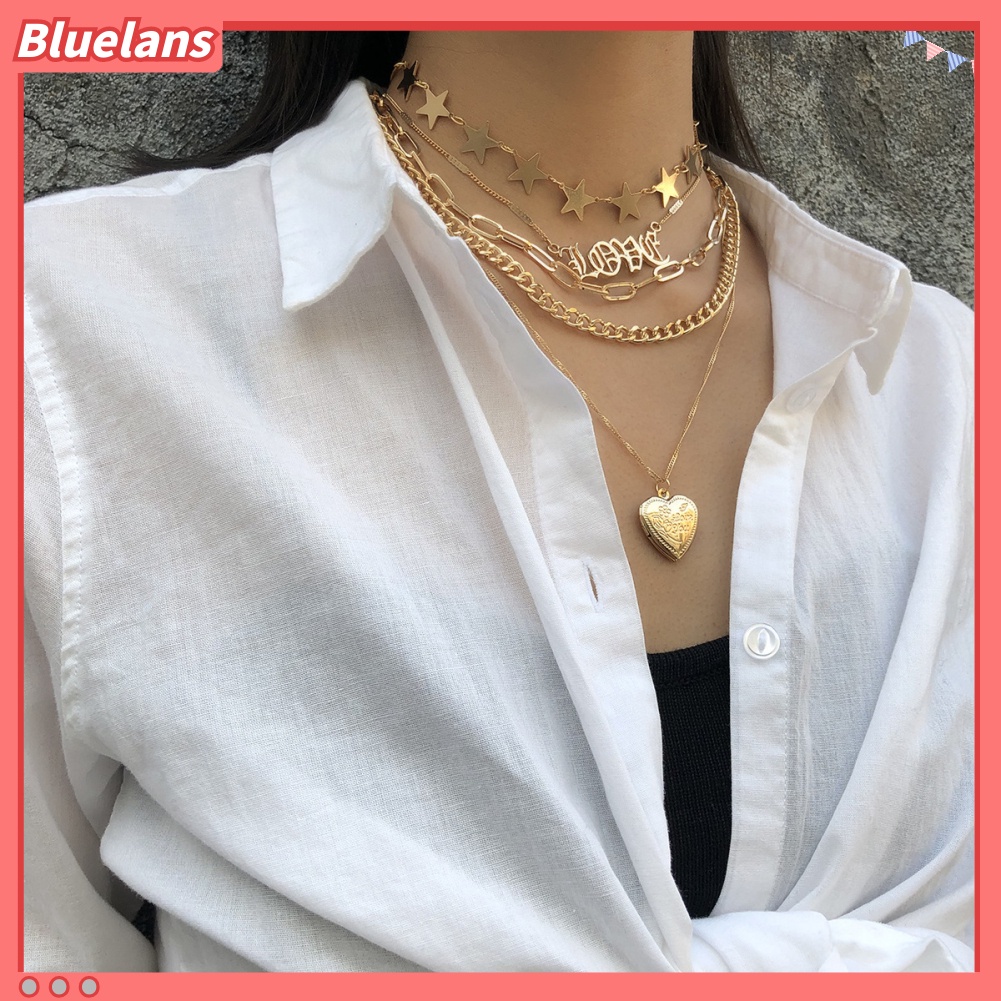 [BLS] 5pcs/set Wanita Multilayer Bintang Hati Cinta Pesona Rantai Kalung Perhiasan Hadiah