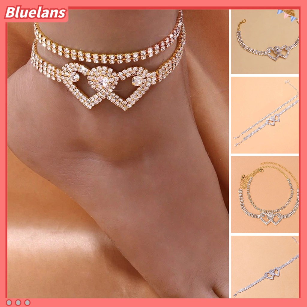 [BLS] 1pc/2pcs Rantai Kaki Geometris Adjustable Extended Chain Sparkling Antikarat Hias Hypoallergenic Berlian Imitasi Double Heart Ankle Bracelet Perhiasan Aksesori