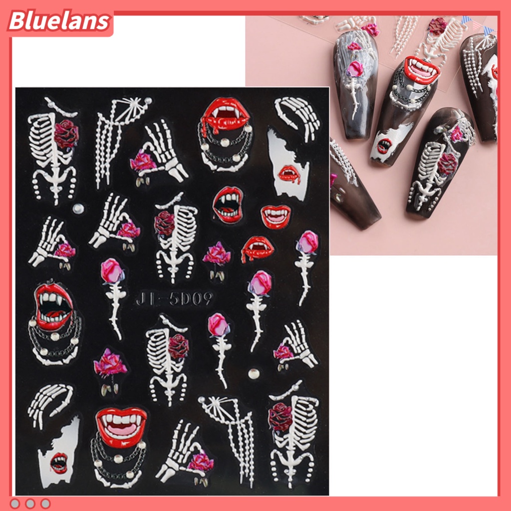 [BLM] Stiker Kuku Pola Horor Tahan Air Kuat Lengket Tidak Luntur Perekat Diri Dekoratif Resin Tulang Tetes Darah Tengkorak Sliders Nail Decals Perlengkapan Kuku