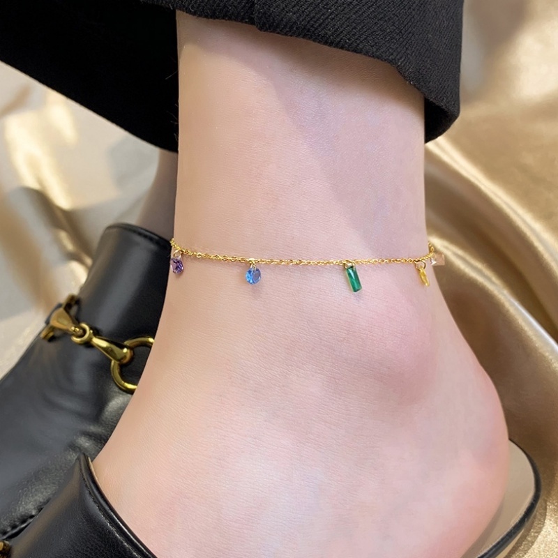 Musim Panas Warna Kristal Gelang Kaki Baja Titanium Berlapis Emas 18K Desain Fashion Sederhana Gelang Aksesoris Hadiah