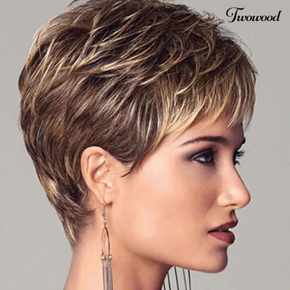 Twowood Wanita Fashion Rose Net Puff Alami Lurus Keriting Sintetis Pendek Wig Sopak