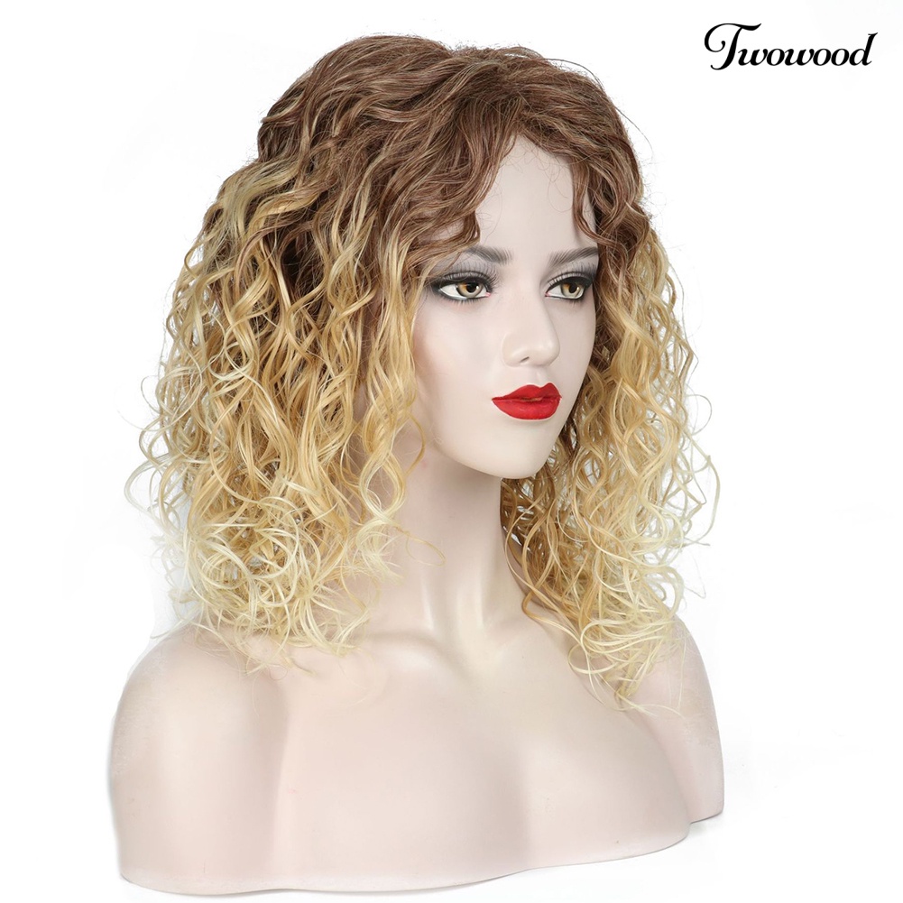 Twowood Serat Suhu Tinggi Wanita Panjang Bahu Keriting Warna Gradien Wig Sopak