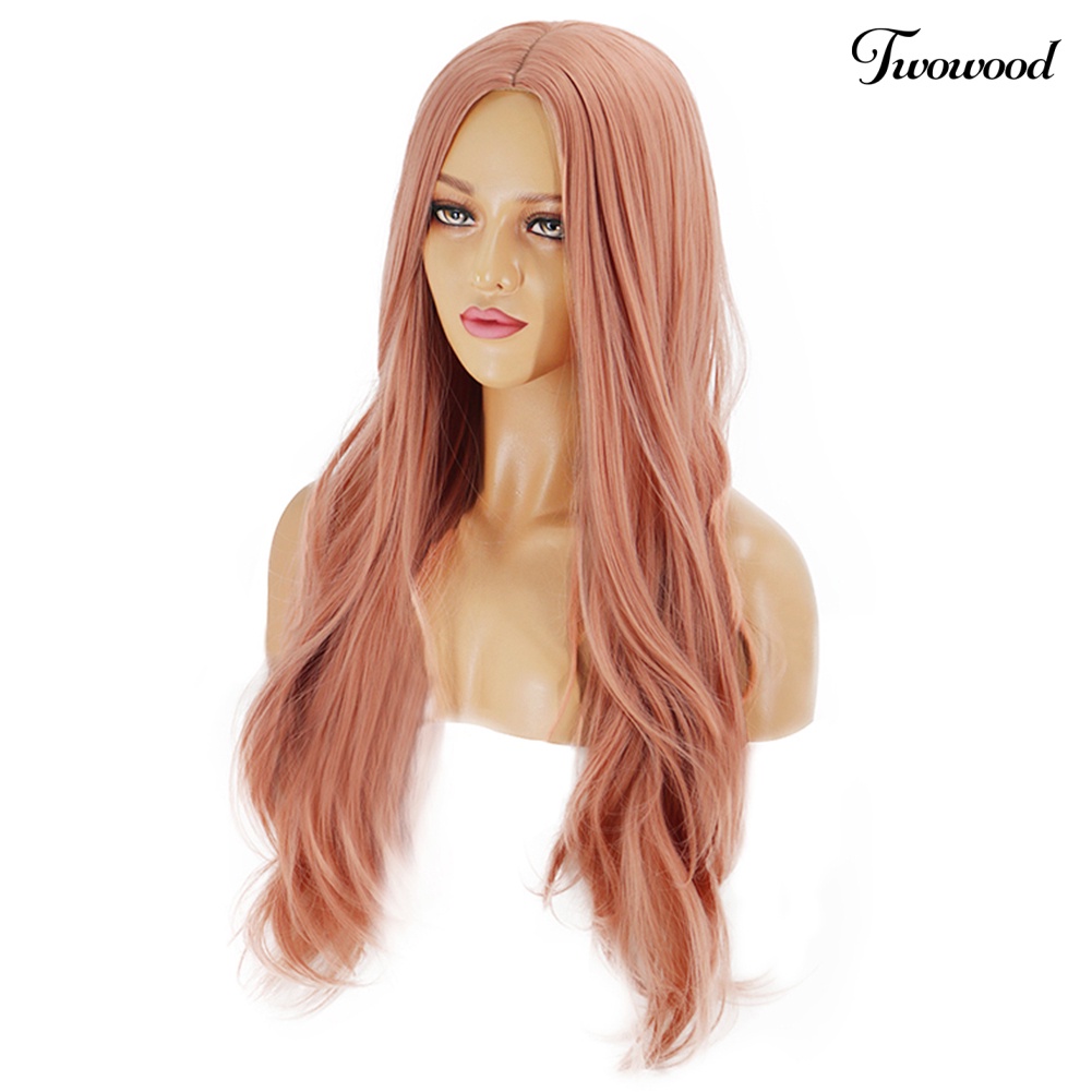Twowood Wanita Panjang Keriting Rambut Sintetis Rose Net Pink Wig Pesta Ekstensi Sopak