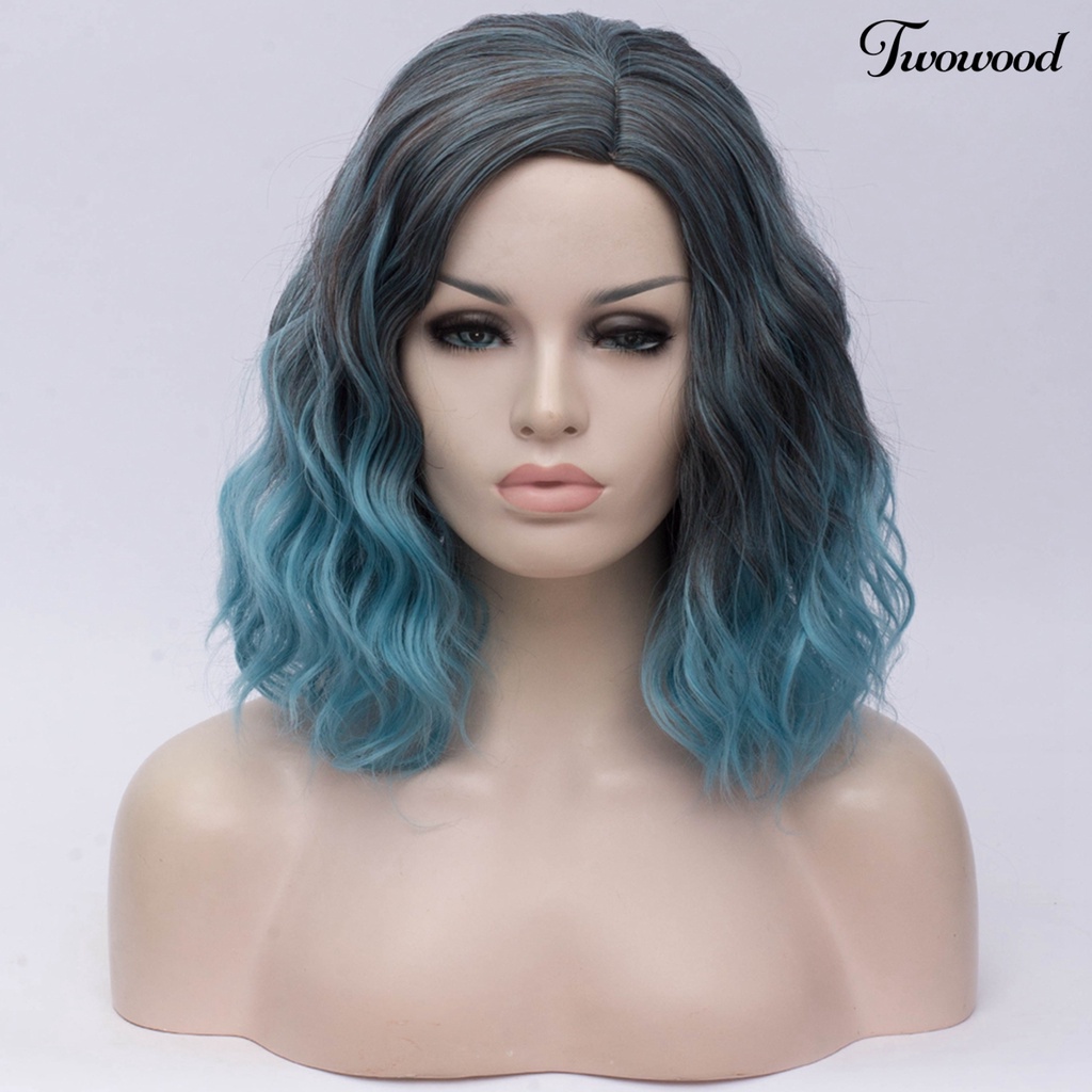 Twowood Wanita Fashion Gradien Mie Instan Keriting Medium Pendek Wig Cosplay Sopak