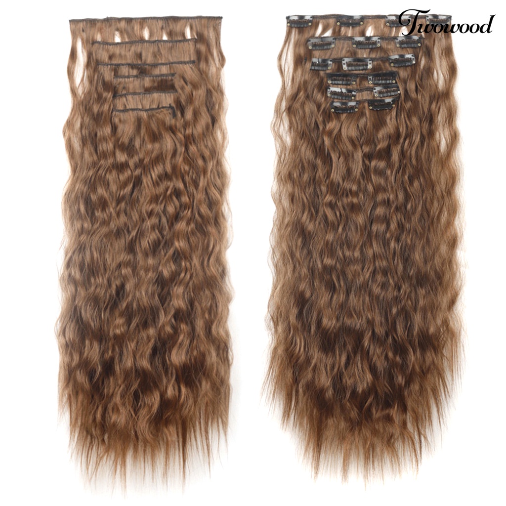 Twowood 1set Wig Piece Natural Tekstur Lembut Serat Suhu Tinggi Panjang Keriting Ada Jejak Rambut Ekstensi Klip Aksesoris Rambut