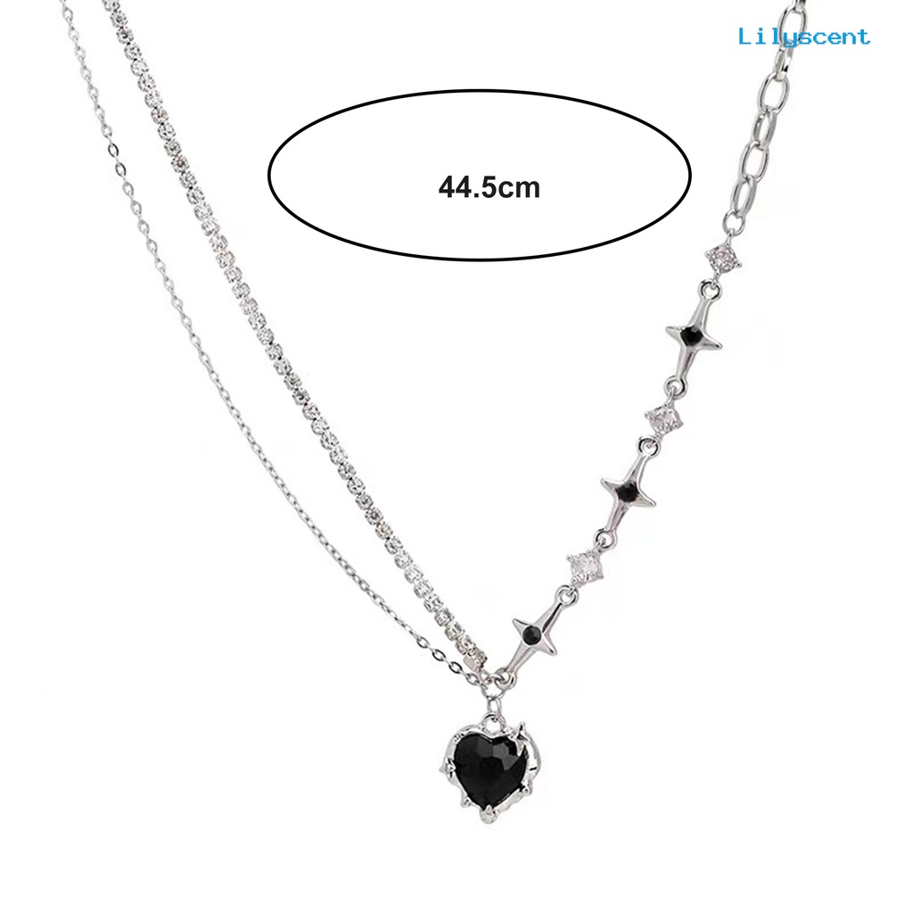 [LS]Wanita Kalung Dengan Liontin Hati Hitam Shiny Cubic Zirconia Hias Bintang Punk Asimetris Klavikula Kalung Fashion Perhiasan