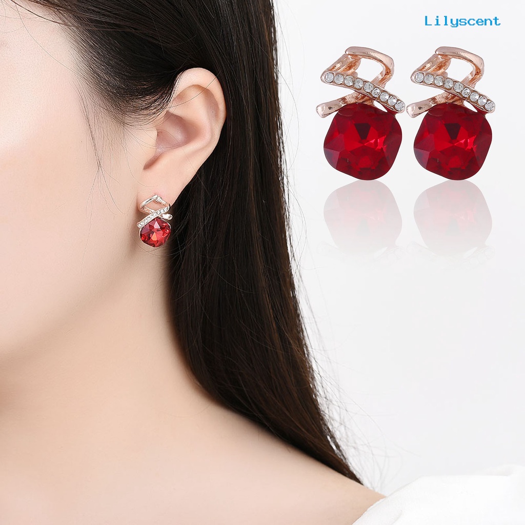 [LS]1 Set Wanita Kalung Geometris Cubic Zirconia Memutar Elegan Merah Persegi Berlian Imitasi Bertatahkan Stud Anting Kit Fashion Perhiasan