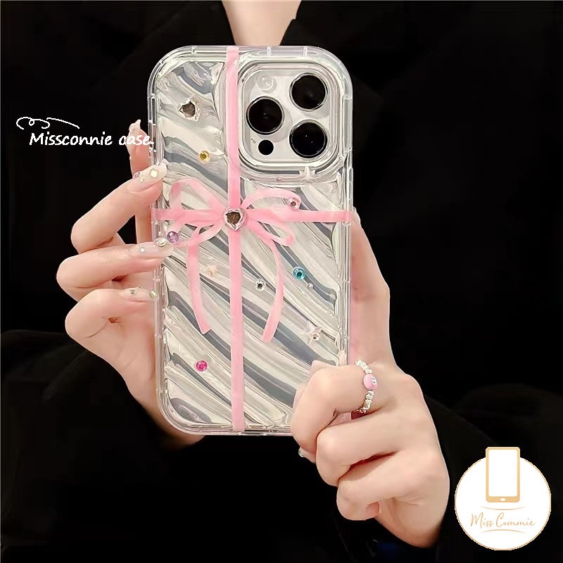 Casing Bening Kartu Laser Mewah Kompatibel Untuk IPhone 7Plus 12 11 13 14 Pro MAX 6 6S 7-8 Plus XR X XS MAX 8Plus SE 2020 Ins Pita Busur Cinta Hati Berlian Lembut Tpu 3D Bergelombang Melengkung Cover