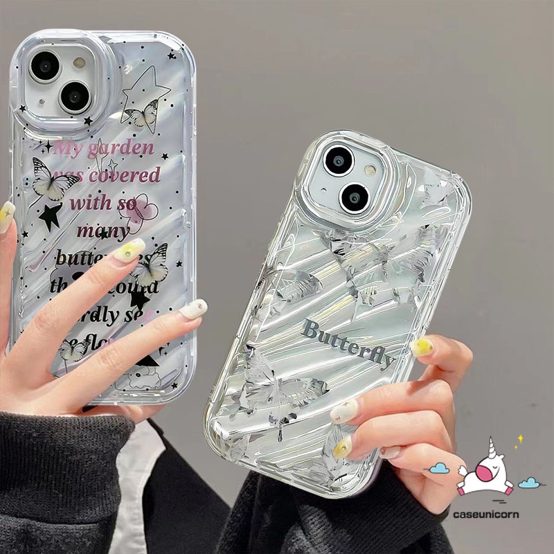 IPHONE Case Kupu-Kupu Idaman Kreatif Kompatibel Untuk Iphone11 14 13 12 Pro MAX 7Plus XR X7 8 6 6S Plus XS MAX SE 2020 3D Stereo Korgasi Huruf Sederhana Mewah Dazzle Color Card Case