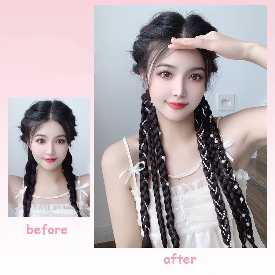 44 cm Panjang Wig Kepang Ikat Rambut Mutiara Rantai Wig Rambut Tali Kreatif Gaya Rambut Band Aksesoris Rambut Untuk Wanita