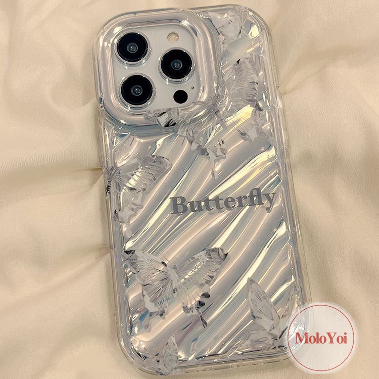 IPHONE Luxury Dazzle Kartu Warna 3D Stereo Corrugation Case Kompatibel Untuk Iphone11 12 14 13 Pro MAX XR X XS MAX 7Plus 7 6 8 6S Plus SE 2020 Kreatif Surat Sederhana Fantasi Butterfly Cover