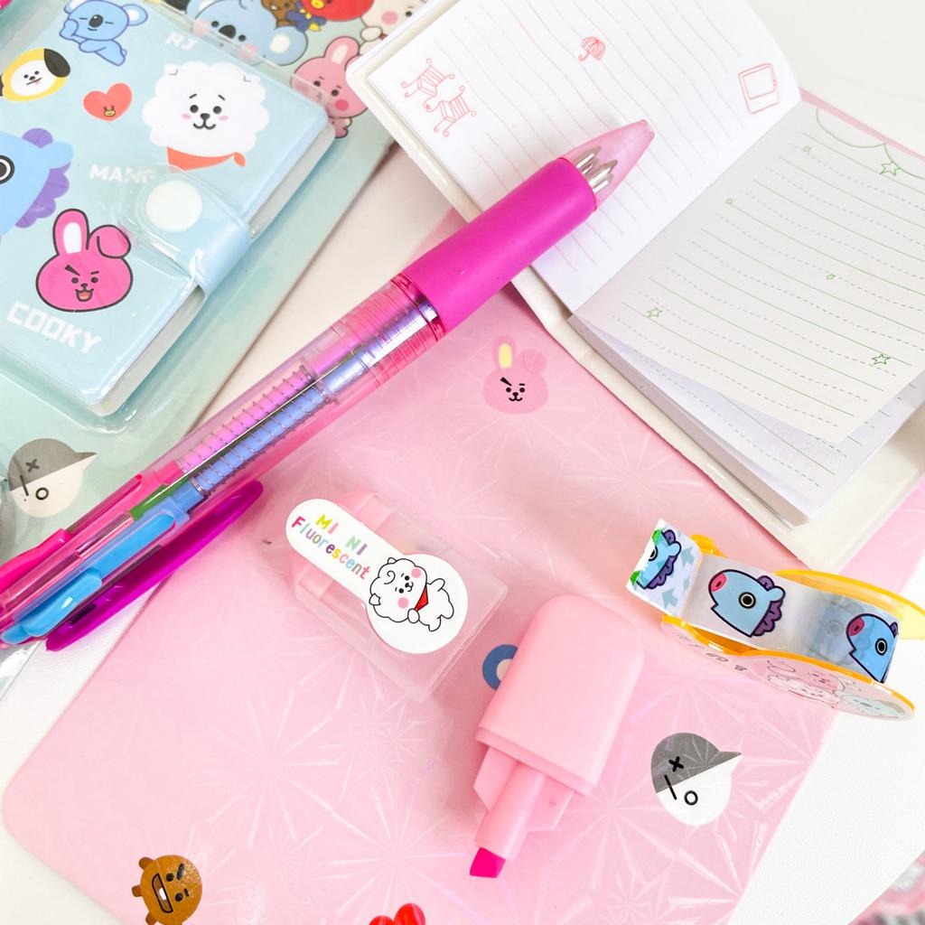 Set Alat Tulis Mini BT21 BTS isi 4 Buku Kecil Pulpen Highlighter Mini Solatip Paket Murah Kado Unik Souvenir