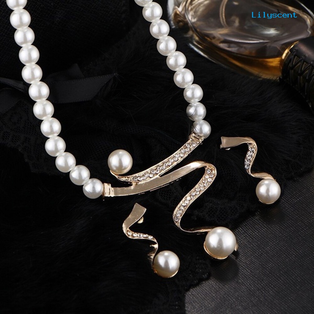 [LS]Rhinestone Faux Pearl Beaded Necklace Stud Earrings Set Perhiasan Pernikahan Pengantin