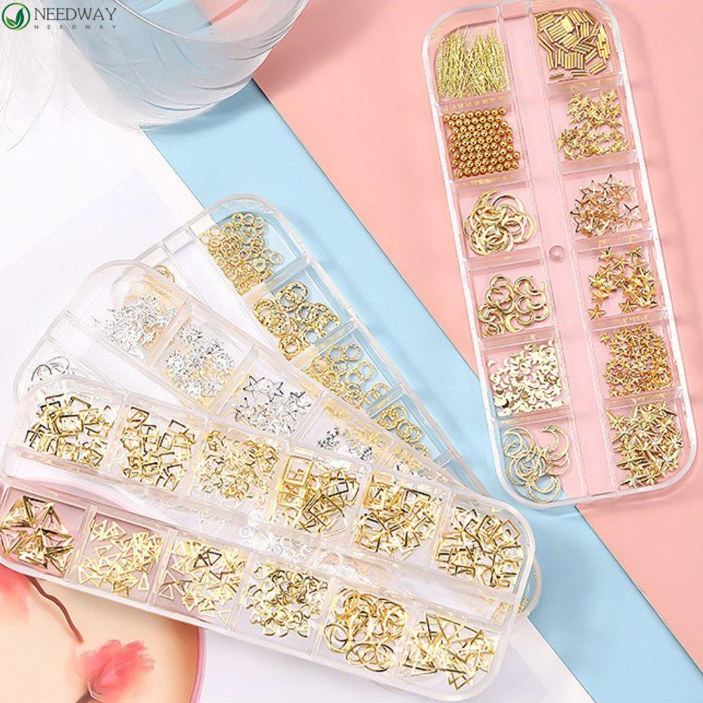 Needway Nail Art Charms Bentuk Campur12 Grid Hollow Nail Salon Rivet DIY Bahan Kuku Wanita Perhiasan Kuku