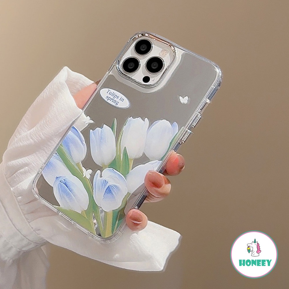 IPHONE Ins Korea Biru Gradiasi Tulip Makeup Cermin Ponsel Case Untuk Iphone14 11 12 13 Pro Max 14plus Bunga Yang Indah Tahan Guncangan Lembut Penutup Belakang