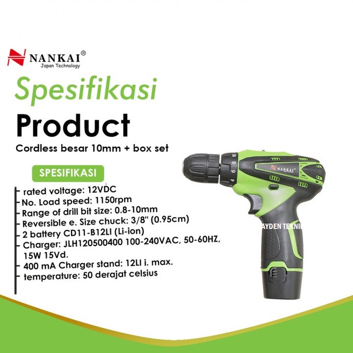 nankai cordless besar 10mm +box set mesin bor cordless