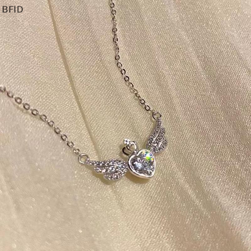 [BFID] Gaya Korea Fashion Kristal Hati Sayap Liontin Kalung Warna Silver Mahkota Rantai Klavikula Untuk Wanita Pernikahan Perhiasan Aesthetic [ID]