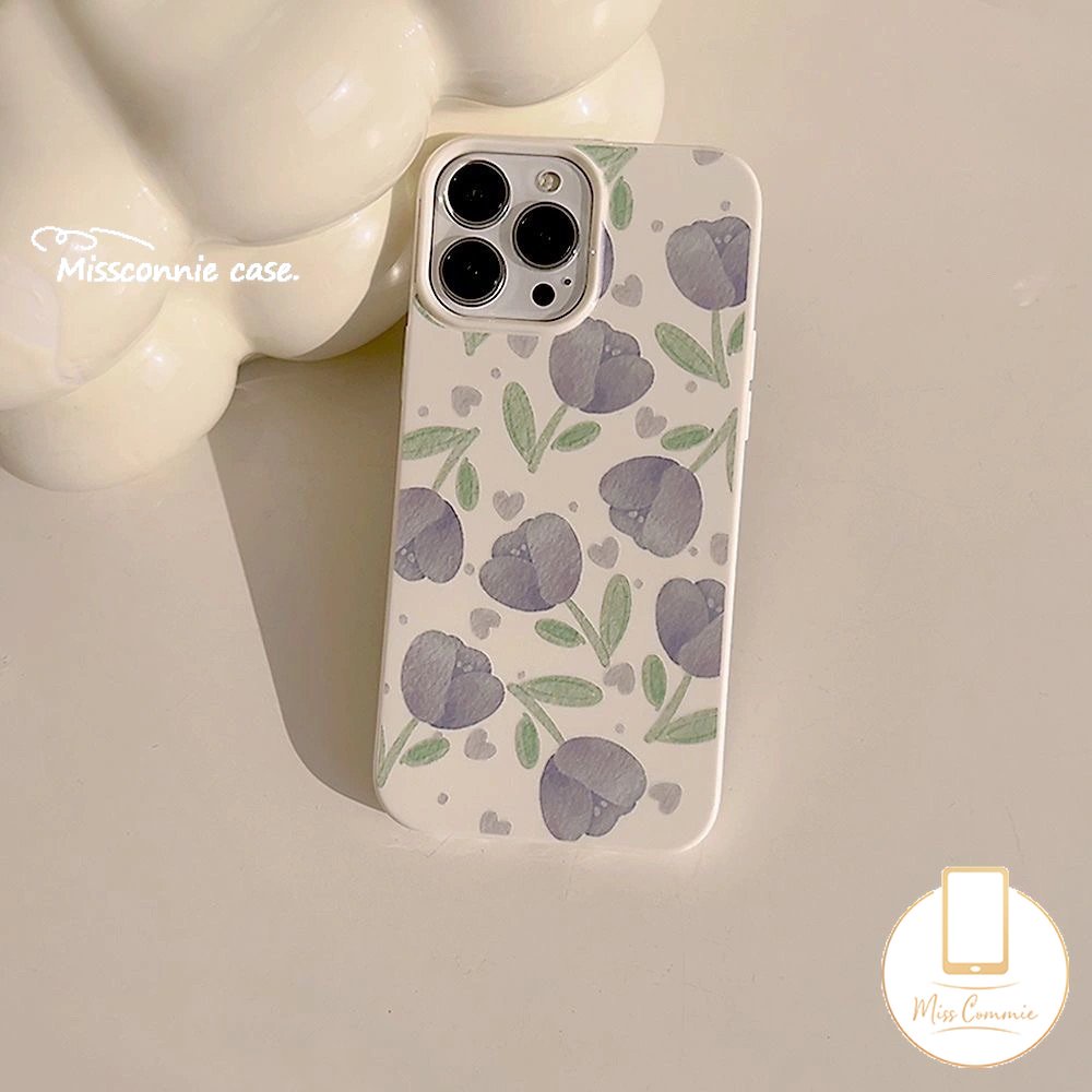 Ins Fashion Gaya Korea Glossy Phone Case Kompatibel Untuk IPhone 7Plus XR 11 14 13 12 Pro Max X XS Max7 8 Plus Se2020Musim Panas Lukisan Minyak Tulip Halus Shockproof Soft Cover