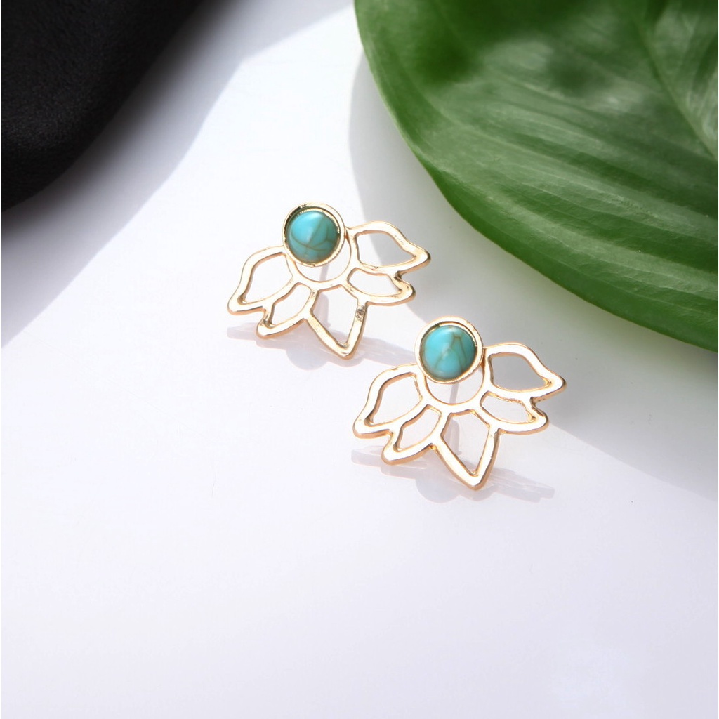 [FRA] Eropa Dan Amerika retro turquoise lotus petal Berongga Daun Anting earrings