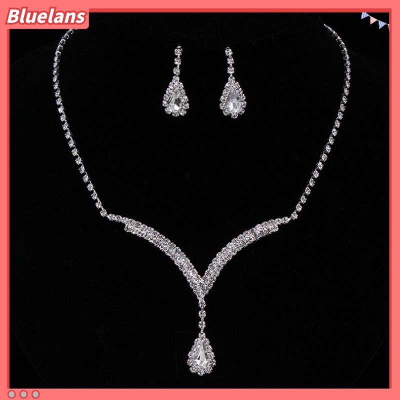 [BLS] Aksesoris Pernikahan Perak Berlian Cakar Rantai Kalung Anting Set Rantai Dua Potong Set Berlian Imitasi Aksesoris Gaun Pengantin