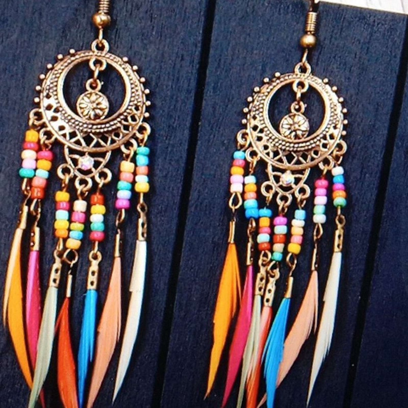 Bohemian Anting Rumbai Untuk Wanita Menjuntai Anting Panjang Bulu Boho Drop Earrings Biji Manik Perhiasan Vintage