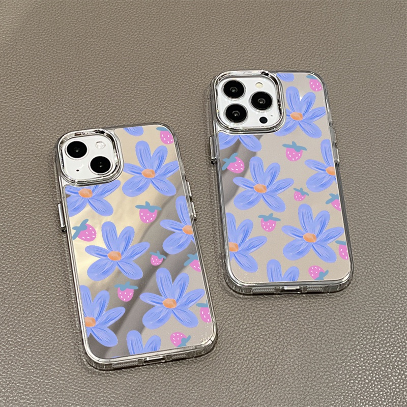 IPHONE Casing Ponsel Cermin Bunga Strawberry Biru Ungu Kompatibel Untuk Iphone11 12 13 14 12Pro 13Pro 14Pro Pro Max XR X XS Max Electroplating Tombol Perlindungan Mirror Cover