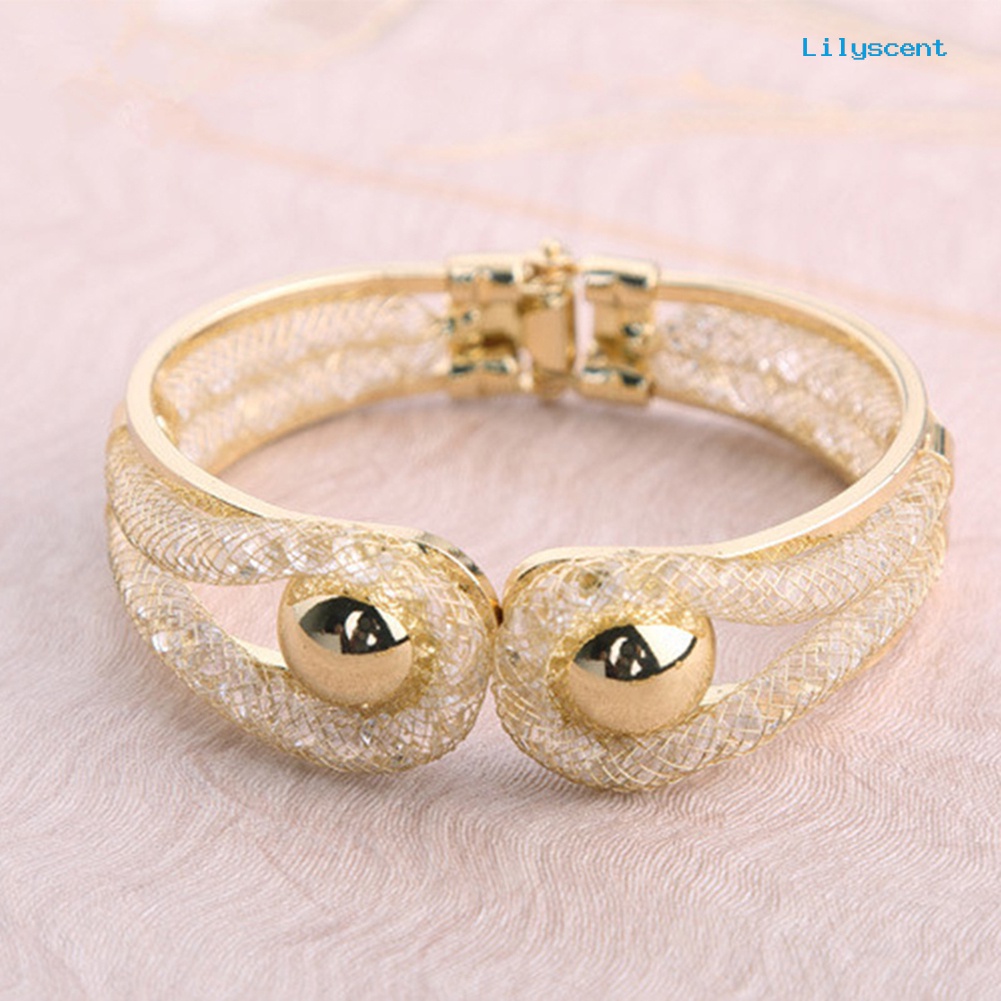 [LS]Mesh Berlian Imitasi Kalung Gelang Stud Anting Cincin Terbuka Set Perhiasan Pengantin