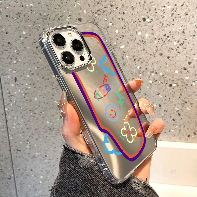 IPHONE Casing Ponsel Cermin Graffiti Kompatibel Untuk Iphone11 12 13 14 12Pro 13Pro 14Pro Pro Max XR X XS Max Electroplating Tombol Perlindungan Mirror Cover