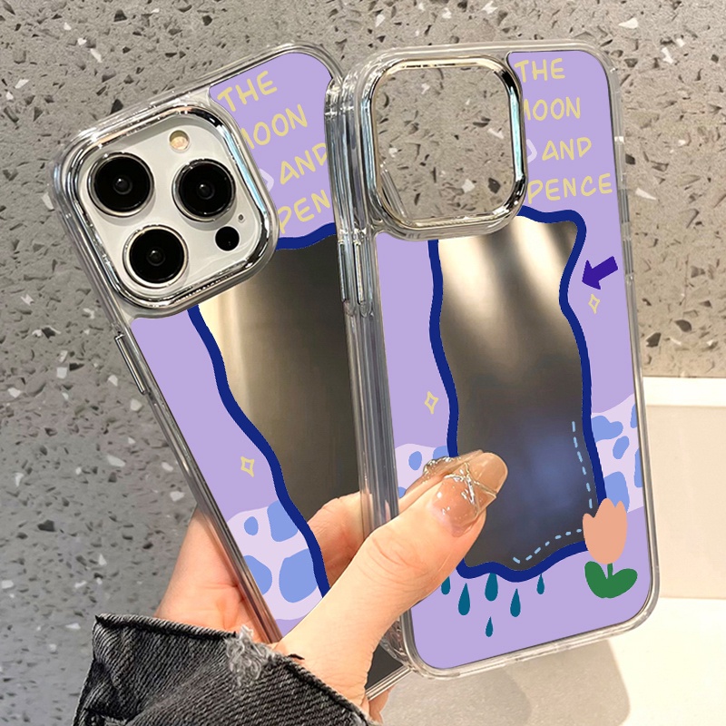 IPHONE Casing Ponsel Cermin Lukisan Ungu Kompatibel Untuk Iphone11 12 13 14 12Pro 13Pro 14Pro Pro Max XR X XS Max Electroplating Tombol Perlindungan Mirror Cover