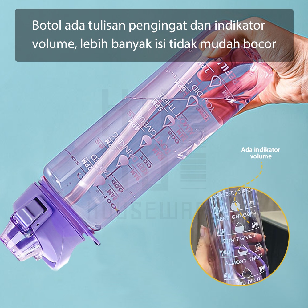 HUGO Botol Minum Motivasi 1 Liter Bening BPA FREE Gratis Stiker