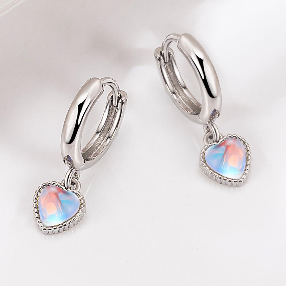 Lily 2Pcs Anting Moonstone, Hoop Anting Liontin Berbentuk Hati, Fashion Liontin Berbentuk Hati925 Sterling Silver Heart Ear Buckle Untuk Wanita