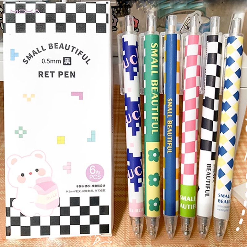 6pcs Kotak 0.5mm Warna-Warni Kotak-Kotak Grids Series Gel Pen Portable Hitam Tinta Peluru Nib Ditarik Pulpen