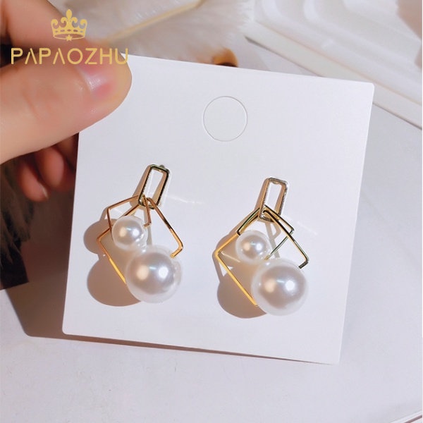 Papaozhu Elegan Emas Geometris Besar Mutiara Menjuntai Anting Untuk Wanita Perempuan Korea Trendi Statement Earring Pesta Pertunangan Telinga Perhiasan