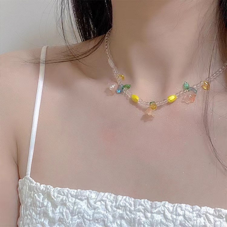 Kalung Liontin Bunga Tulip Temperamen Musim Panas Perempuan All-Match Influencer Rantai Klavikula ins Manik-Manik Akrilik