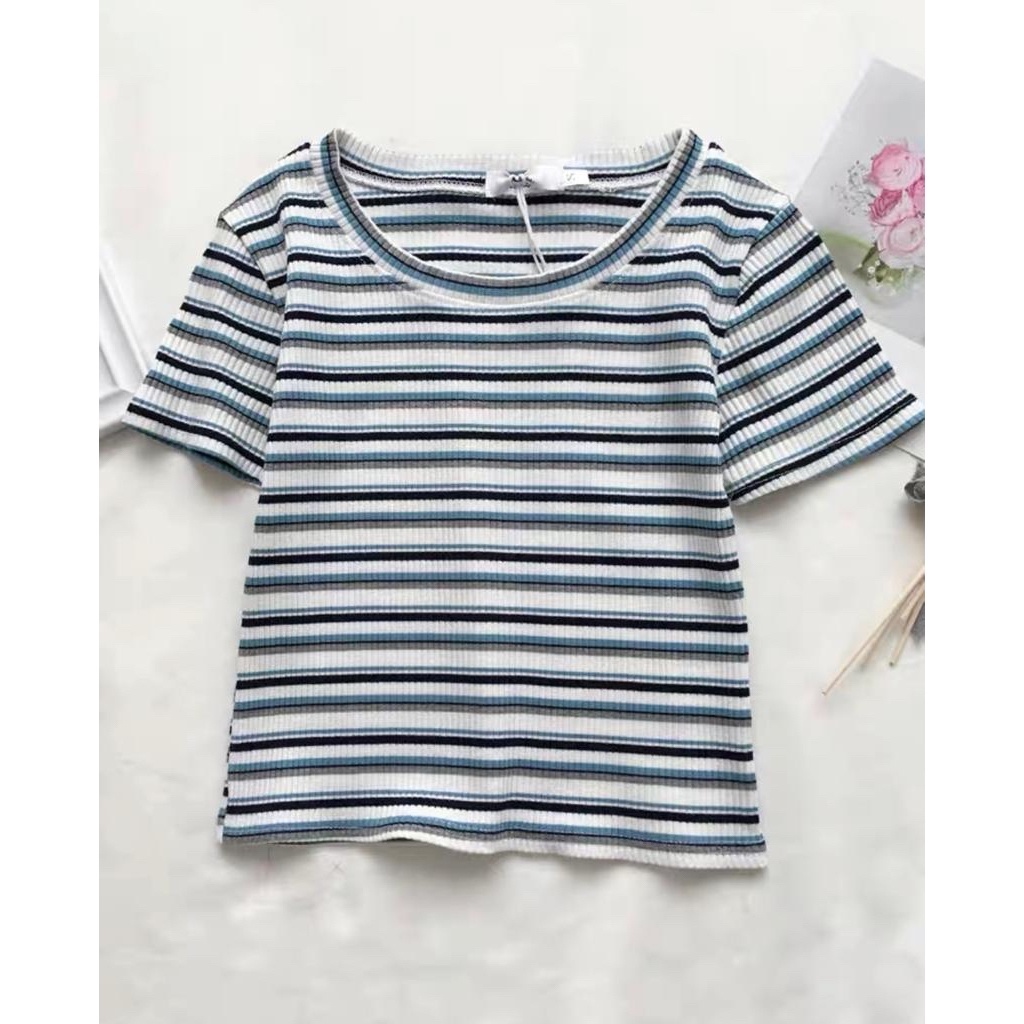 BEFAST - ZEC OOTD WANITA TSIRT ANGGI / Hanna JUMBO Ribbed Crop Top XL / Atasan Wanita Lengan Pendek / Kaos Motif Garis-Garis Terbaru / Pakaian Casual Remaja ABG Trendy / OOTD Wanita Ala Korean Style / Tshirt Kekinian Remaja ABG Terlaris