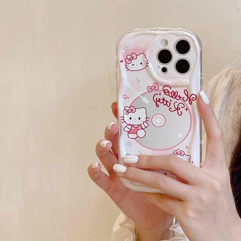 Cream Casing CD Hello Kitty Popsocket Soft Case HP iP iPhone 6 6S 7 8 14 + Plus SE 2020 2022 X XS XR 11 12 13 Pro Max Girl Woman