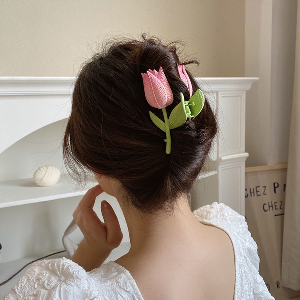 Tulip Hair Claw Summer Hair Catch Flower Shark Clip Hiasan Kepala Vintage Klip Rambut Trendi Manis Aksesoris Rambut