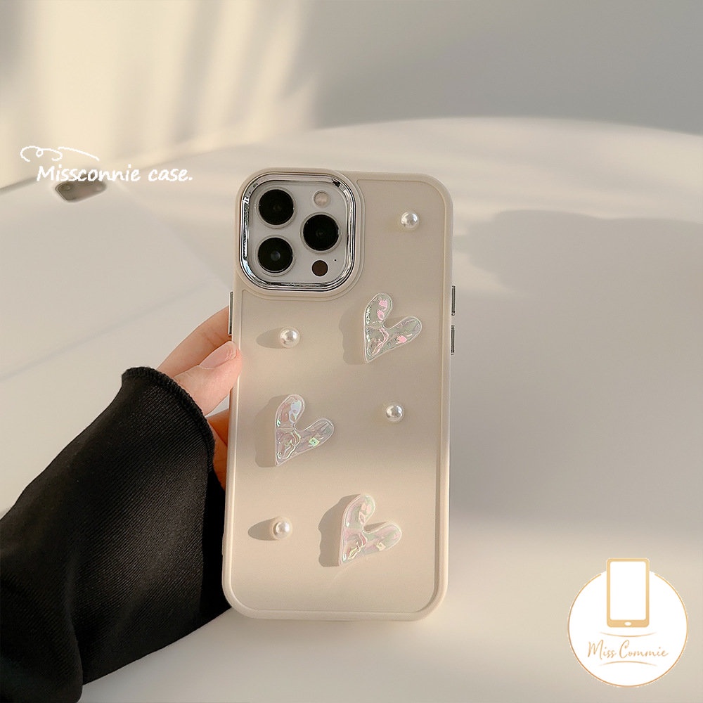 Simple Solid Color Case Compatible for IPhone 11 14 13 12 Pro Max 7plus X XR 7 8 Plus XS MAX Luxury Plating Metal Lens Frame Cover with 3D Cream White Pearl Love Heart Accessories