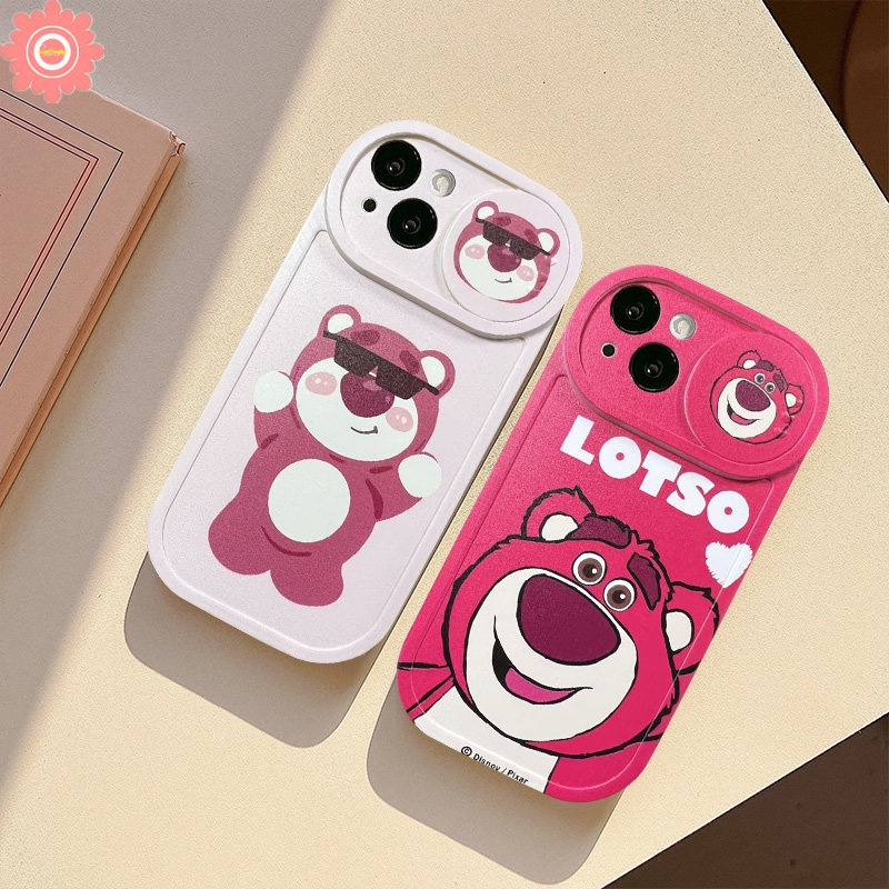 Cartoon Funny Dinosaur Strawberry Bear Lotso Case Compatible for iPhone 7Plus 11 13 12 11 Pro Max XR 8Plus X XS Max Push Pull Window Camera Lens Protector Soft Cover