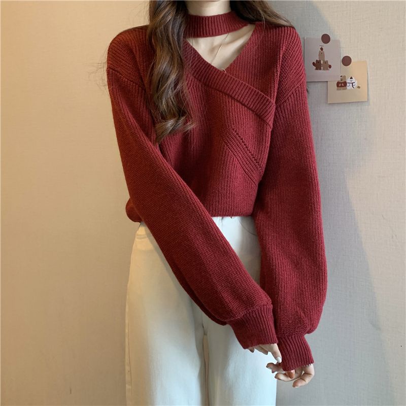Sweater Oversize Wanita Polos Lengan Panjang Casual Halterneck Top