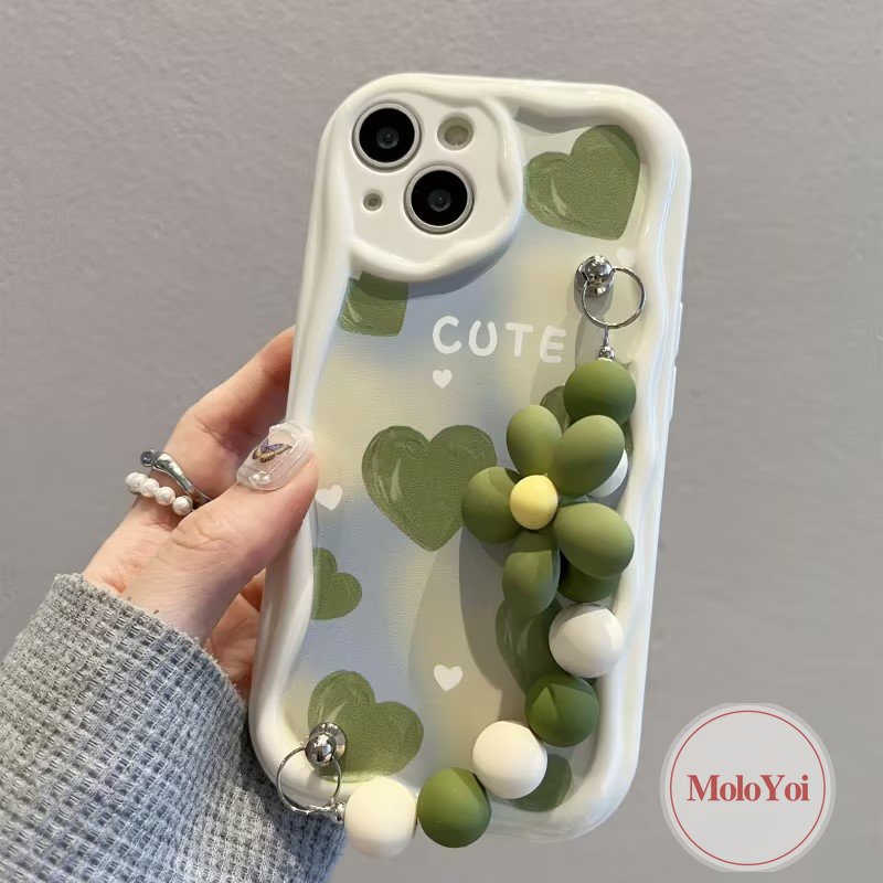 Oil Paint Green Love Heart Case Compatible For iPhone 7Plus XR XS X Max 11 13 12 14 Pro Max 6 7 8 6s Plus SE 2020 3D Wavy Curved Edge Bead Flower Hand Strap Bracelet Phone Cover