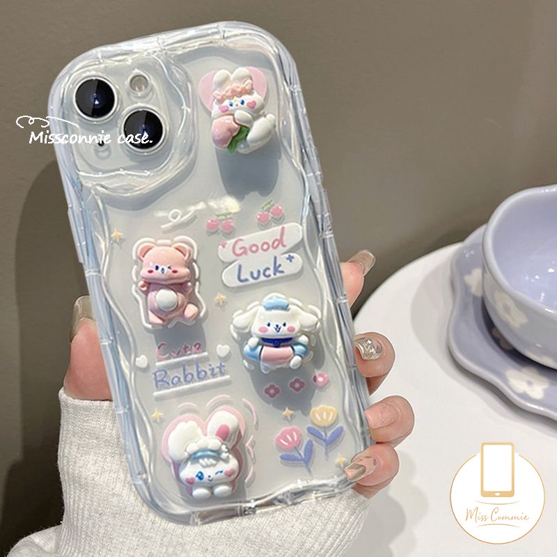 Case Boneka Beruang Kelinci Kartun 3D Lucu Kompatibel Untuk IPhone XR 7Plus 14 11 12 13 Pro Max 6 7 6s 8 Plus X XS Max Se2020 8Plus DIY Love Heart 3D Bergelombang Melengkung Penutup Tepi