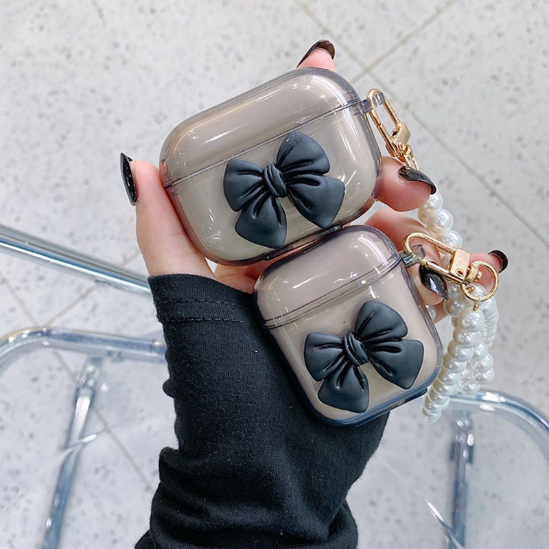 3d Busur Lembut Transparan TPU Nirkabel Bluetooth Earphone Pelindung Shockproof Case Cover Dengan Rantai Manik-Manik Mutiara Untuk Airpods 1 2 3 PRO PRO2