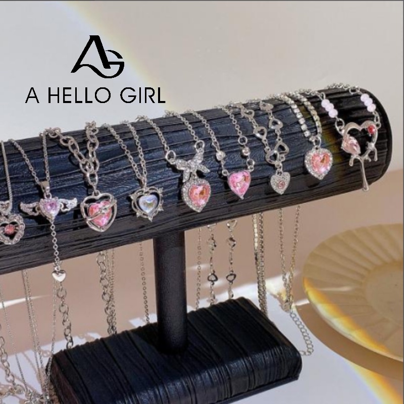Ahellogirl Variasi Icy Pink Zirkon Berlian Rantai Splicing Manis Fashion Kalung Ins Minoritas High-end All-match Perempuan Klavikula Rantai