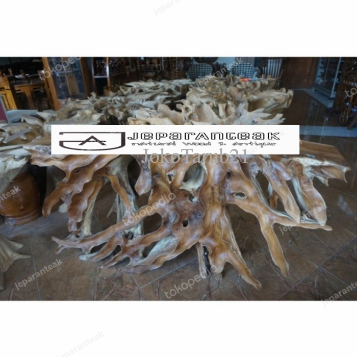 meja konsul akar bonggol kayu jati ukir relung daun murah