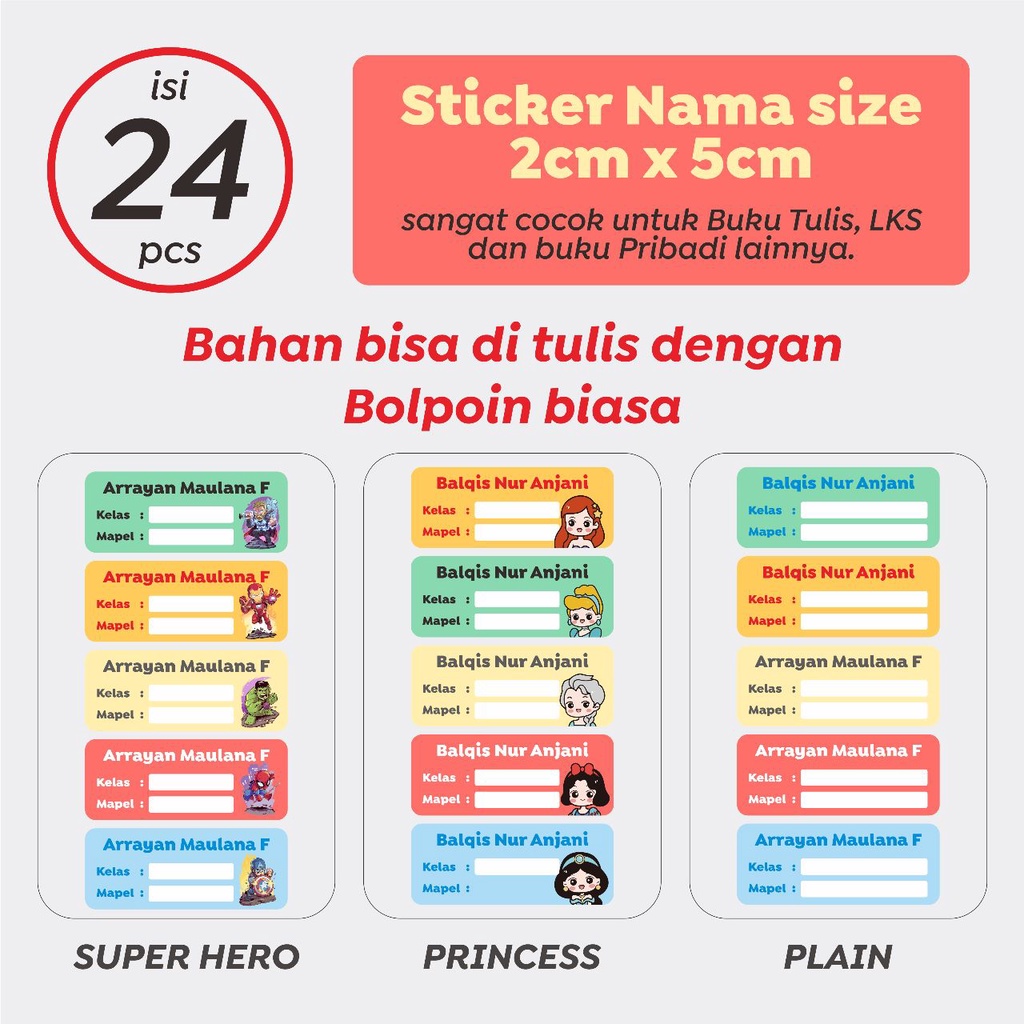 

( PROMO BAYAR DI TEMPAT ) stiker nama anak tahan air isi 24 nama / stiker buku castem nama / stiker anak karakter / stiker murah