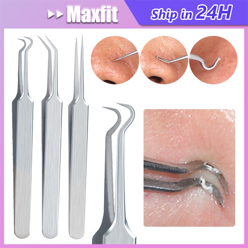 3Pcs/Set Pinset Jepit Komedo Stainless Steel Pinset Bengkok / Lurus Pinset Klip Penghilang Komedo Hi